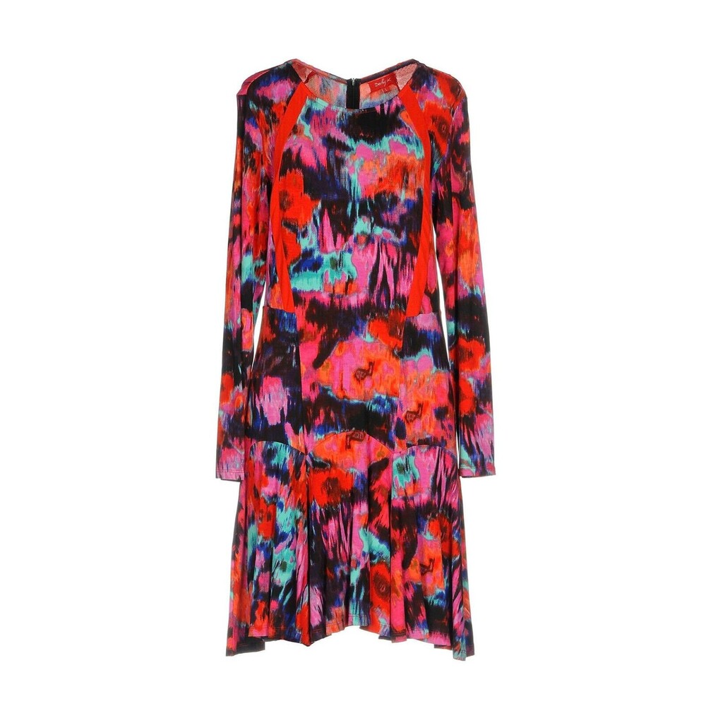 RENE DERHY Women's Short Dress SZ L Red Multicolor Abstract Print Ruffled Hem